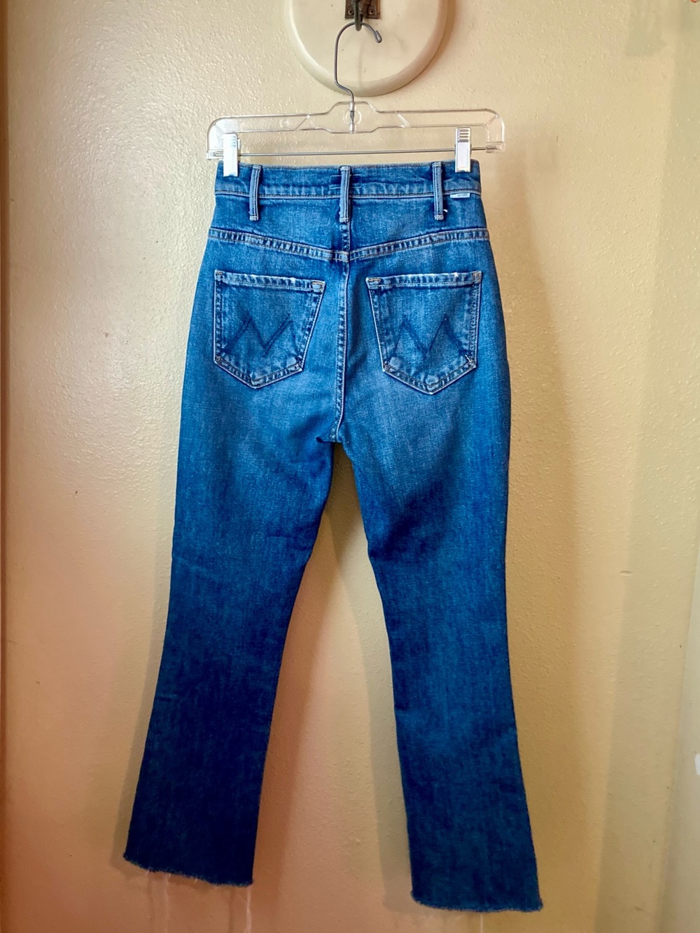 MOTHER Hustler Angle Jeans High Rise Medium Blue Wash Disstressed Raw Frayed Hem